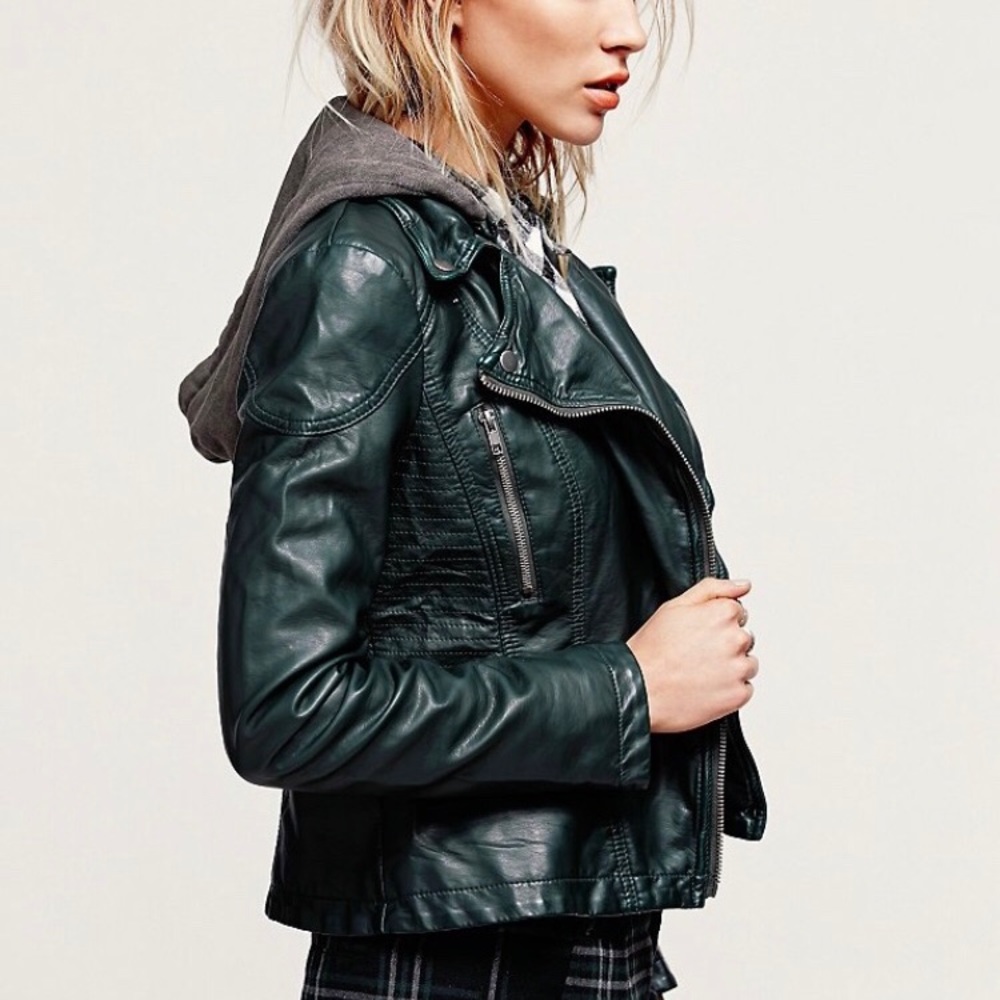 Free People Hooded Moto Vegan Leather Jacket Sz 2
